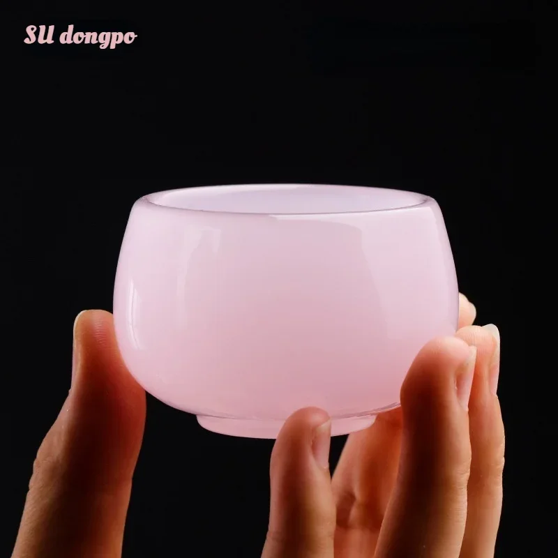 Gongfu Tea Set - Hibiscus Jade Porcelain Teacup Pink Glazed